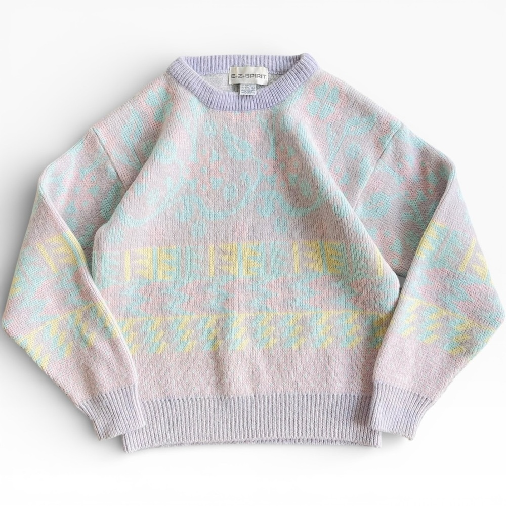 Vintage 80s Pastel E Z Spirit Wool Blend Knit Girl’s Sweater M Floral Abstract